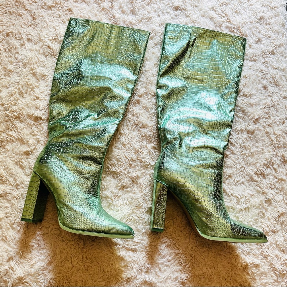 Teal faux animal skin high heel boots